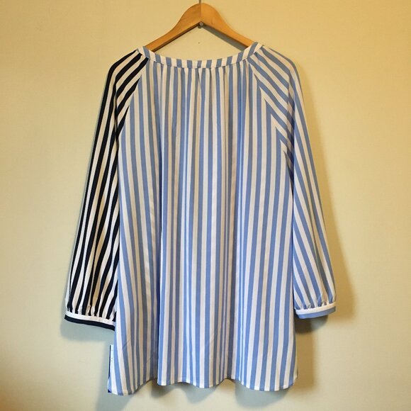 NWT Nygard Missy Indigo & Red Harlequin Striped Tassled Tunic Blouse - Picture 2 of 16
